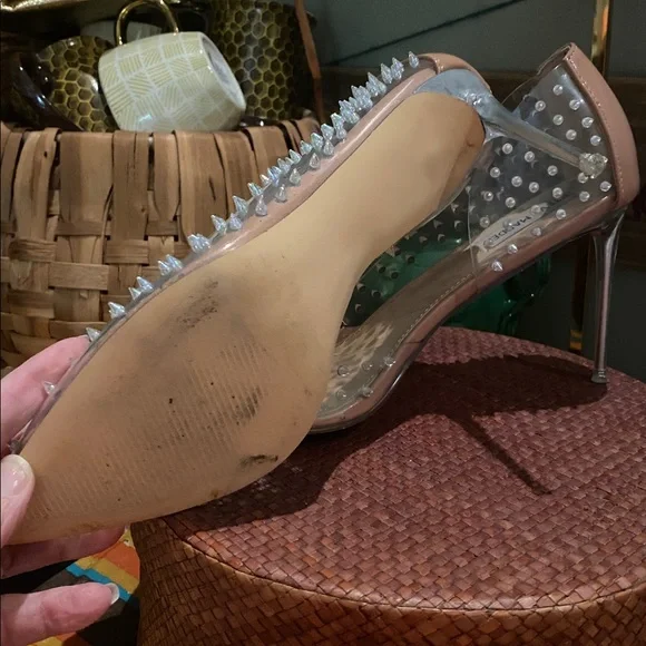 Steve Madden Tolima Clear Ecru High Heel Womens Size 9.5M Pumps Silver Studded - Picture 12 of 16